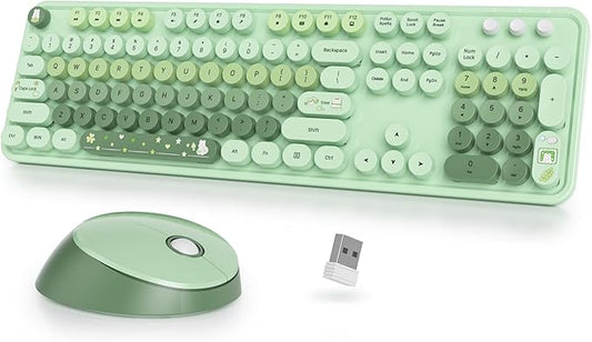 Cute Green Keyboard and Mouse Combo Wireless, 2.4G Full Size 104-Key Retro Typewriter Keyboards Round Keys for Students Teenagers Home Office PC Laptop(Light Green)