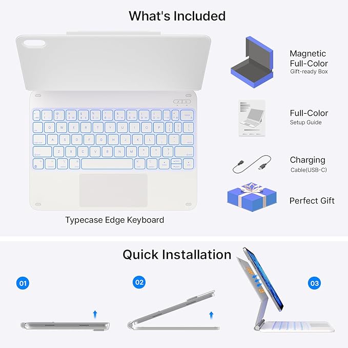 typecase Edge Keyboard Case for iPad 11th Gen A16 (2025) & 10th Gen 10.9" (2022) – Multi-Touch Trackpad, 11-Color Backlit Magic-Style Keyboard – Floating Magnetic Stand, Pencil Holder – Ivory White