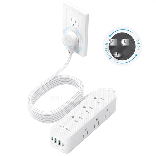 TROND 360° Rotating Flat Plug Power Strip with USB PD 20W, 10FT Flat Extension Cord Surge Protector 1300J with 9 Outlets 4 USB Ports, Wall Mountable, for Home Office Travel Dorm Room Essentials, White
