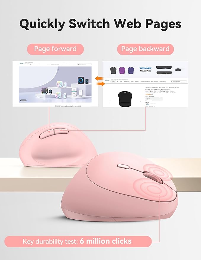 TECKNET Ergonomic Mouse, 4800 DPI Wireless Vertical Mouse, 5 Adjustable DPI Levels, 6 Buttons, 2.4G Silent Wireless Mouse for Laptop, PC, Light Pink