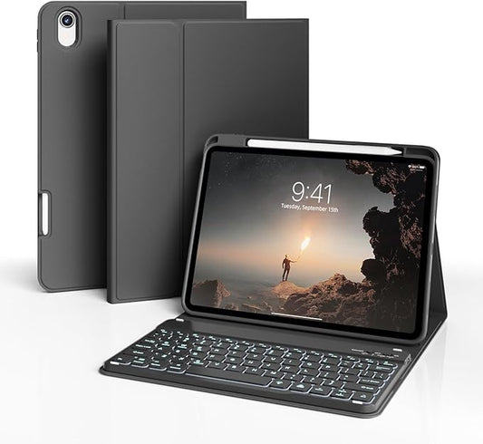for iPad (A16) 11th Generation 2025 11-inch/10th Generation 2022 10.9 inch with Keyboard, 7 Colors Backlit Square Keycaps, Detachable Wireless Bluetooth Keyboard Case with Pencil Holder, Black