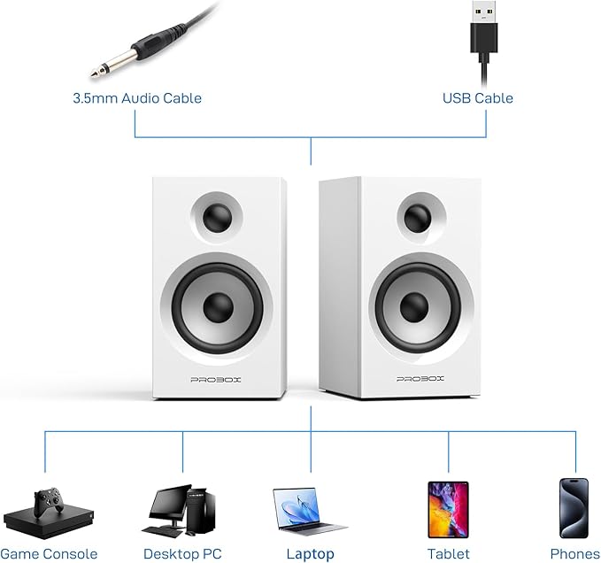 Powered Bookshelf Speakers HiFi Computer Gaming Monitors with Bluetooth 5.3 & 24-Bit USB DAC Stereo Speaker PC Speakers 3.5" Woofer,1" Silk Dome Tweeter, Adjustable Bass/Treble BT16 - White