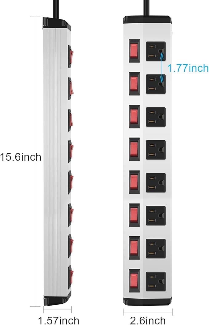 8 Outlet Metal Power Strip with Individual Switches,Heavy Duty Appliance Power Strip with Flat Plug,1200J Surge Protector,6FT Extension Cord 15A 120V 1800W for Home Office School Shop Industrial