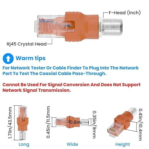 4PCS F-Type Female to RJ45 Male Coaxial Converter Ethernet Adapter, Coax Straight Connector for Cable Line Tester Monitor Digital Signal Compatible, Orange