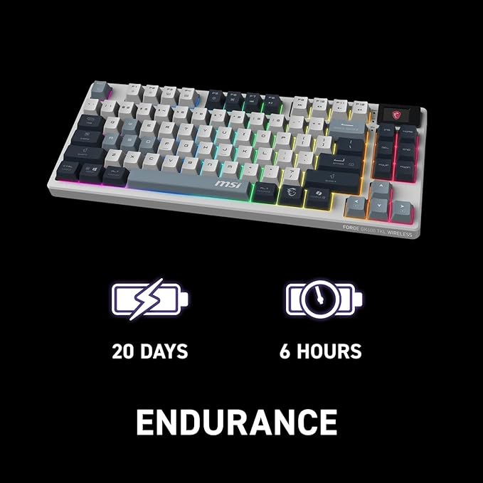 msi Forge GK600 TKL Wireless Sky - Mechanical Linear SWITCHES - Dye-Sublimated PBT Keycaps, Anti-Slip Base, RGB LED, USB 2.0, Bluetooth, 2.4 GHz - Tenkeyless