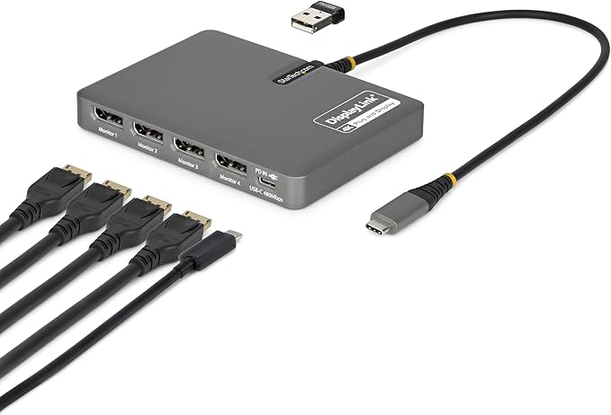 StarTech USB-C to Quad DisplayPort 4K60, 4K120 Workstation Dock, 140W PD Passthrough, USB for Keyboard and Mouse, Windows, Mac M1-M5, USB4, Thunderbolt, DisplayLink DL7400, TAA (Quad-USB-DP-Adapt)