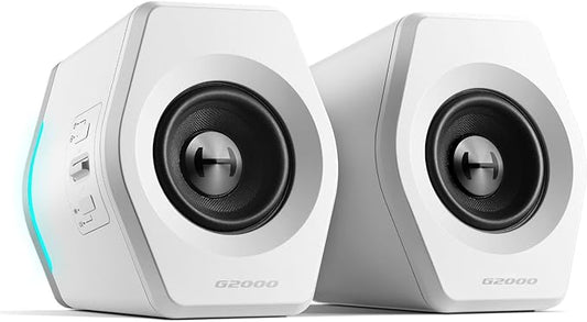Edifier G2000 RGB Gaming Speakers, 32W Peak Power, Compact Design for PC/PS4/Desktop, Bluetooth 5.1, 3.5mm AUX, Game/Movie/Music Modes, 12 RGB Lighting Effects - White