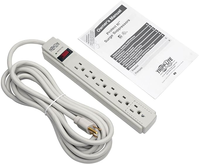 Tripp Lite 6 Outlet Surge Protector Power Strip, Extra Long Cord 15ft, & $20,000 Insurance (TLP615) Gray