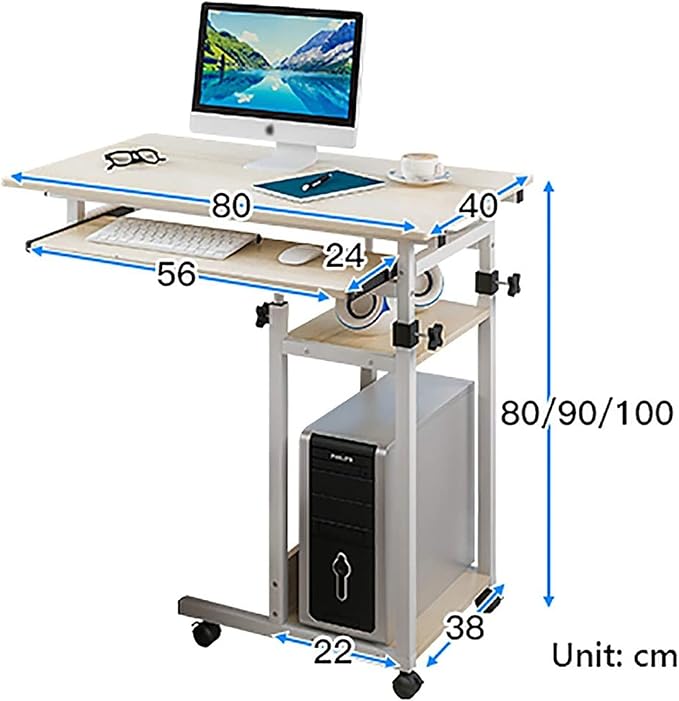 BBNB Laptop Desk, Standing Height Adjustable Computer Desk with Mobile Phone Tablet PC Slot Movable with Wheels, Portable Side Table for Bed Sofa (Color : A)