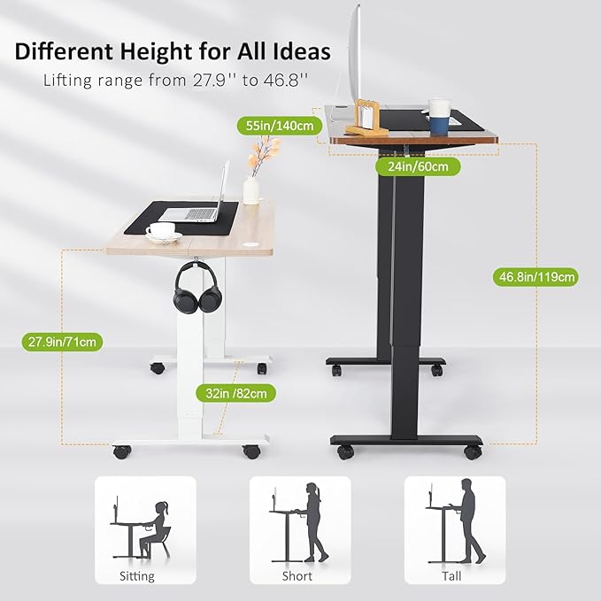 farexon Electric Standing Desk Adjustable Height, 55 x 24 Inch Stand up Desk with Large Mouse Pad, Rolling Wheels & Foot Pad,27''-46'' Lifting Range Home Office Computer Desk(Black)