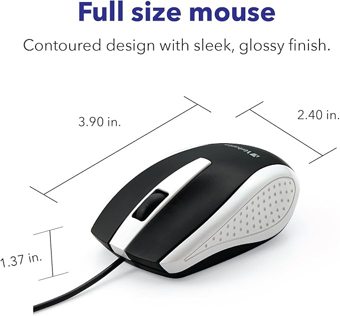 Verbatim Wired USB Computer Mouse - Corded USB Mouse for Laptops and PCs - Right or Left Hand Use, White 99740, 1.4" x 2.4" x 3.9"