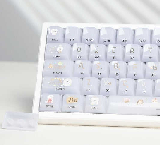 Womier Keyboard Keycaps Jelly, White Ceramic Keycaps Style, Cake Sheep Key Cap Transparent Side Printing Custom 60 65 75 100 Percent for Cherry MX,Gateron Mechanical Keyboards,MDA Profile