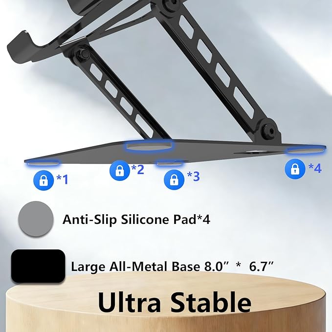 Adjustable Laptop Stand, Ultra Stable Metal Base Ergonomic Foldable Computer Riser for Desk Compatible with MacBook Pro/Air Notebook All Laptop Under 16 Inches (Black)