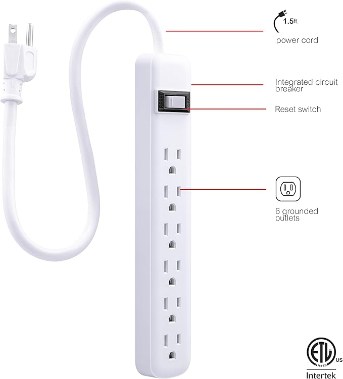 GE 6-Outlet Power Strip,1.5 Ft Extension Cord,Heavy Duty Plug,Grounded,Integrated Circuit Breaker,3-Prong,Wall Mount,ETL Listed,White,14833,(Pack of 12)