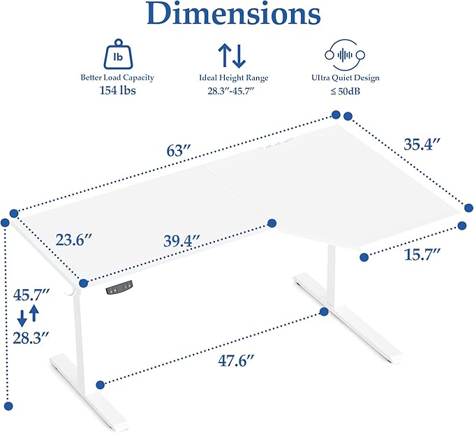 Klicelor 63 Inch L Shaped Standing Desk, Adjustable Height Corner Desk for Home Office Workstation, Sit Stand Desk with Two-Piece Desktop, White