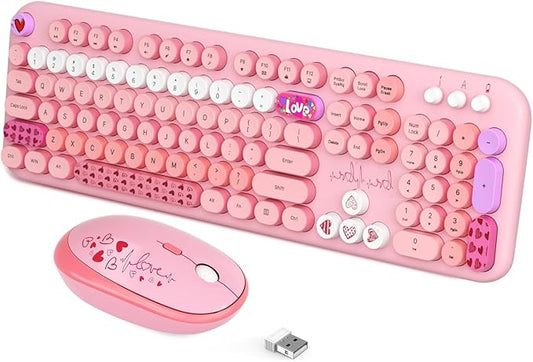 Wireless Keyboard and Mouse Combo, 104 Round Keys Full-Size Cute Colorful Pink Cordless Keyboard and Mouse with Retro Typewriter for PC/Mac/Laptop/Tablet/Computer/Windows Pink