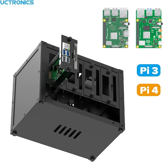 UCTRONICS Upgraded Complete Enclosure for Raspberry Pi Cluster, with 4 Removable Mounting Brackets for Pi 5, 4B, 3B+/3B, and Other B Model and 2 Cooling Fans,Support 4 2.5" SSD and Switch