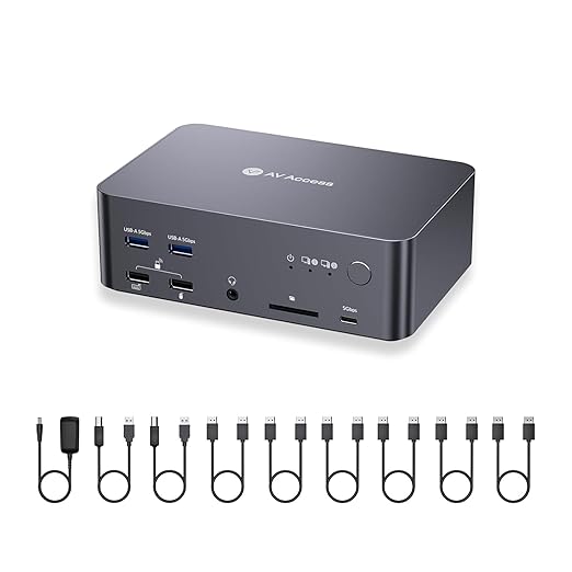 (Desktop only) AV Access KVM Switch 3 Monitors 2 Computers 8K@60Hz, with 6 DP Cables, DisplayPort 2.0, 1G Ethernet, USB 3.0, Docking Station Triple Monitor, 4K@165/144Hz, 2K@144Hz for Dell HP