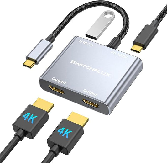 USB C to Dual HDMI Adapter |4K60Hz HDMI Splitter Extended Display for Dual Monitors,100W PD,USB 3.0 Port Converter Compatible with Laptop,Tablet,Graphics Card