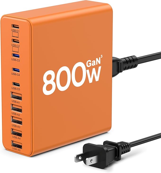 800W USB C Charger Block,10-Port Charging Station GaN Fast Charging Type C & USB A Wall Charger Adapter for MacBook Pro/Air,iPhone,iPad,Dell XPS,Samsung Galaxy(Orange)