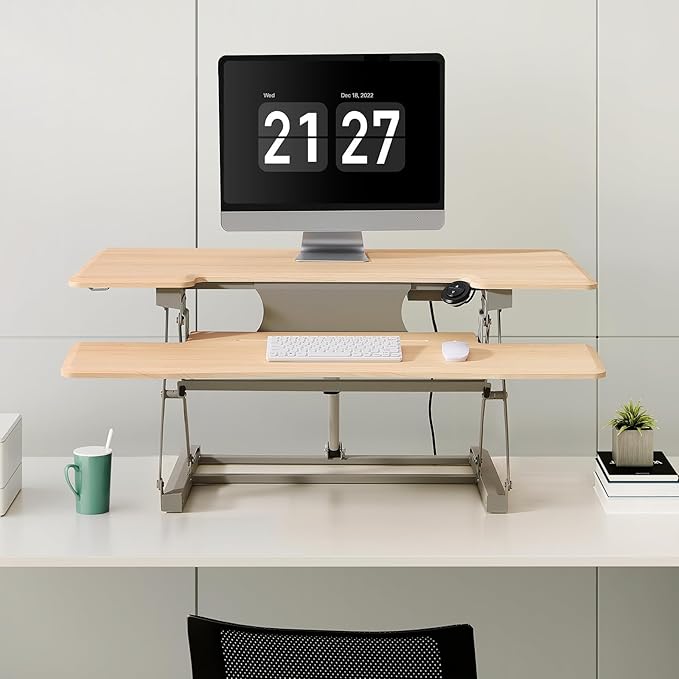 29" Electric Standing Desk Converter, Dyropcurv Series Height Adjustable Computer Desk Ergonomic Home Office Desk for Adults, Sit to Stand Desk with Quiet Motor, Light Wood