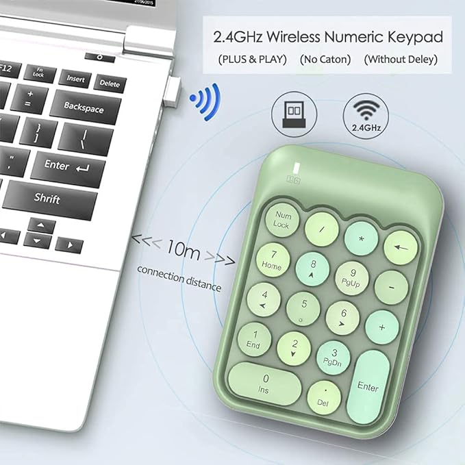 FELICON Wireless Numeric Keypad 18 Keys with 2.4G Mini Portable Silent Number Pad USB Receiver Financial Accounting Keyboard Extensions for Laptop Desktop PC Pro（Green Mix）