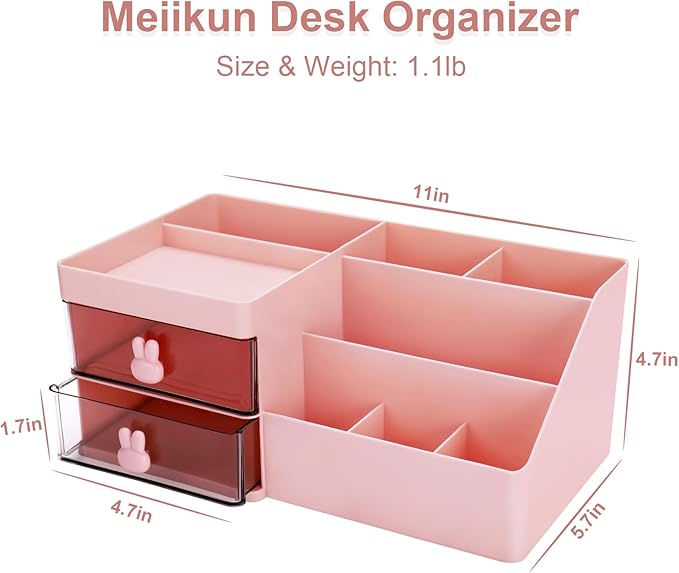 Desk Organizer, Makeup Organizer with 2 Drawers, 7 Compartment & a Top Tray, Desktop Organizers and Storage for Women, Cute Home organization Bathroom, 11" x 5.7" x 4.7" (Pink)