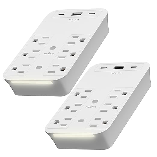 LIDER 6-Outlet Surge Expander with USB Type A/C and Guide Light, Surge Protector Up to 1500J, Guide Light with LED Indicator, Outlet Extender, Flat Outlet Splitter, UL-Listed, 2 Pack