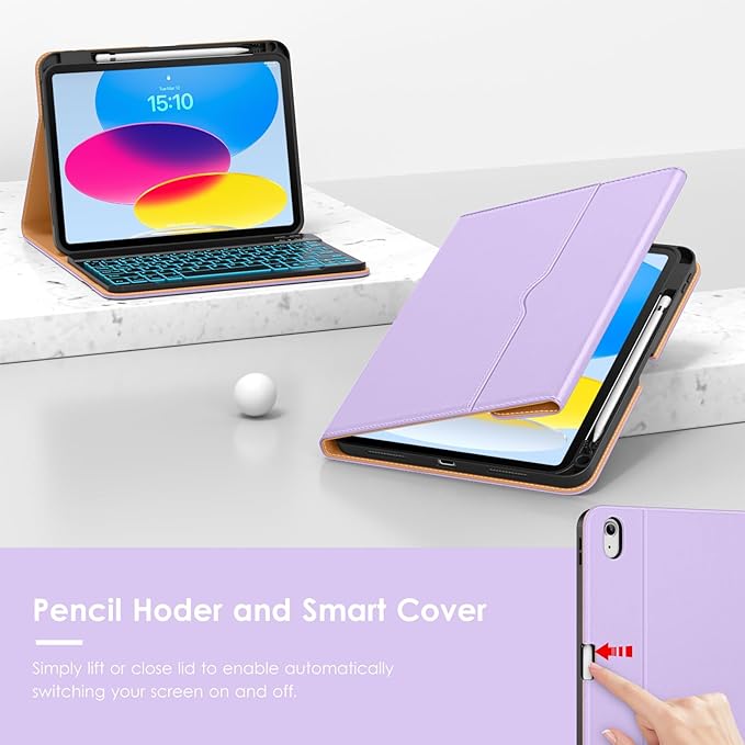 VIKESI Keyboard Case for iPad (A16,2025) 11th Generation/iPad 10th Generation Case (10.9" 2022),Premium Leather Smart Cover,Built-in Breathing Light,Function Row,Pencil Holder,Card Slots - Taro Purple