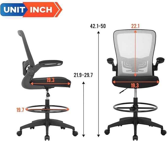 BestOffice Drafting Chair Tall Office Chair Adjustable Height with Lumbar Support Arms Footrest Mid Back Standing Desk Chair with Swivel Rolling Mesh Stool White
