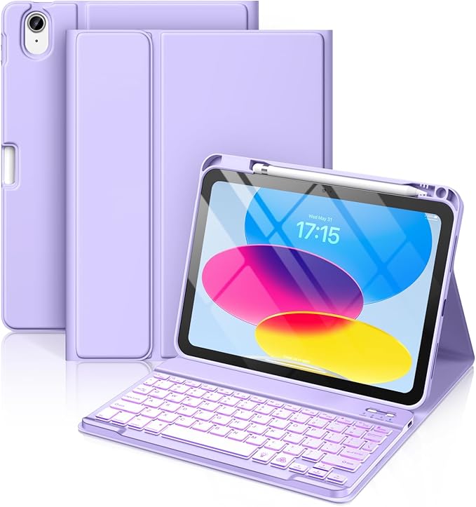 Hamile for iPad 11th 10th Generation Case with Keyboard - 7 Colors Backlit Wireless Detachable Folio Keyboard Cover with Pencil Holder for iPad 11-inch A16 2025 10th Gen 10.9 Inch 2022 (Purple)