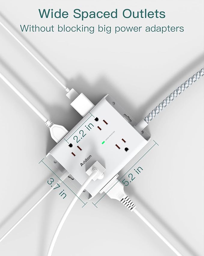 10Ft Long Surge Protector Power Strip, Addtam Extension Cord with 8 AC Outlets and 4 USB Ports(1 USB C), 3-Side Outlet Extender Strip, Flat Plug, Wall Mount, Dorm Home Office Essential, ETL Listed