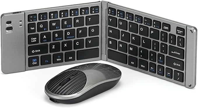 Mini Rechargeable Foldable Bluetooth Keyboard and Mouse Combo, Portable (Sync Up to 3 Devices), Ultra-Slim Travel Folding Keyboard for iPhone iPad Mac Android Windows iOS(Grey)