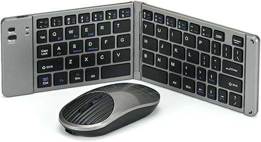 Mini Rechargeable Foldable Bluetooth Keyboard and Mouse Combo, Portable (Sync Up to 3 Devices), Ultra-Slim Travel Folding Keyboard for iPhone iPad Mac Android Windows iOS(Grey)