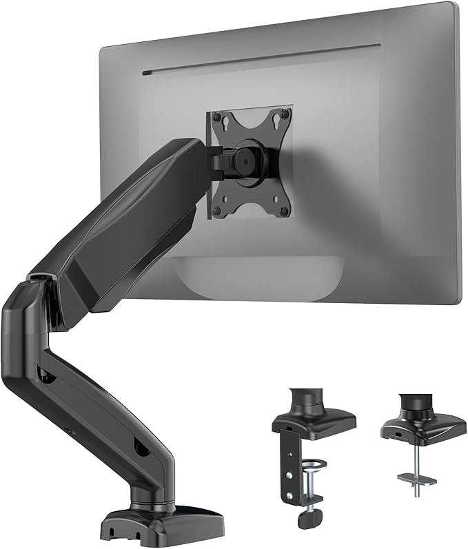 WALI Single Monitor Arm for 17-32 inch Screens, Adjustable Gas Spring Single Monitor Mount Holds 19.8lbs, Computer Monitor Stand for Desk, Clamp and Grommet Base, VESA 75/100mm (GSMP001), Matte Black