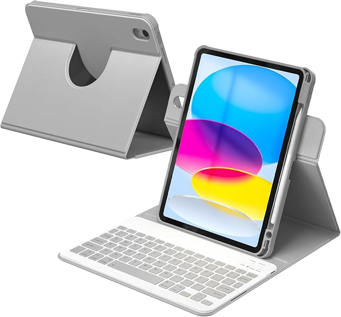 YBING Keyboard Case for iPad 10th Gen 10.9 inch (2022) & 11th Gen (A16, 2025), 7-Color Backlit Detachable Bluetooth Keypad & Rotatable Magnetic Case with Pencil Holder (Gray)