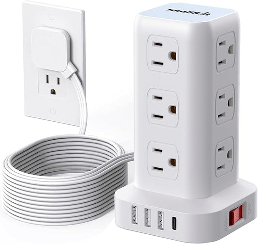 Extension Cord with Multiple Outlets, SMALLRT Flat Plug Surge Protector Power Strip Tower, Outlet Extender with USB 12 AC Outlets, 10FT Ultra Thin Extension Cord for Home Office, Overload Protection