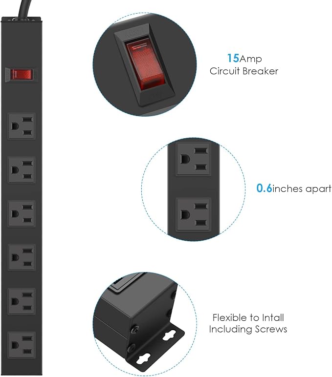 4Pack Metal Wall Mount Power Strip, Mountable Power Outlet with 6 AC Outlets, Aluminum Alloy Mount Power Socket with Switch, 6 FT SJT 3/C 14AWG Power Cord, 15A 125V 1875W (6AC)