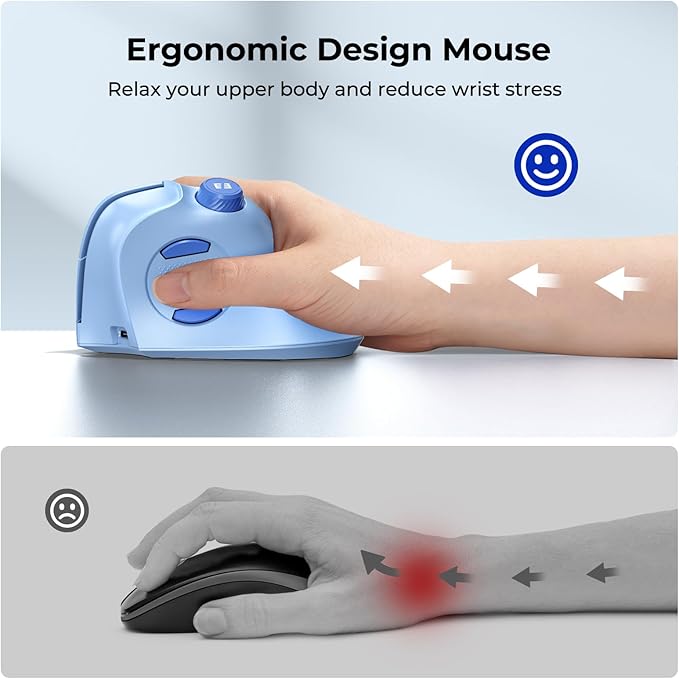 seenda Ergonomic Mouse Wireless, MOU-302 Bluetooth Vertical Mouse Rechargeable, Optical Mice with 1000/1600/2400 DPI, Volume Knob, 3 Multi-Device Connectivity for Computer/PC/Laptop/Mac, Blue