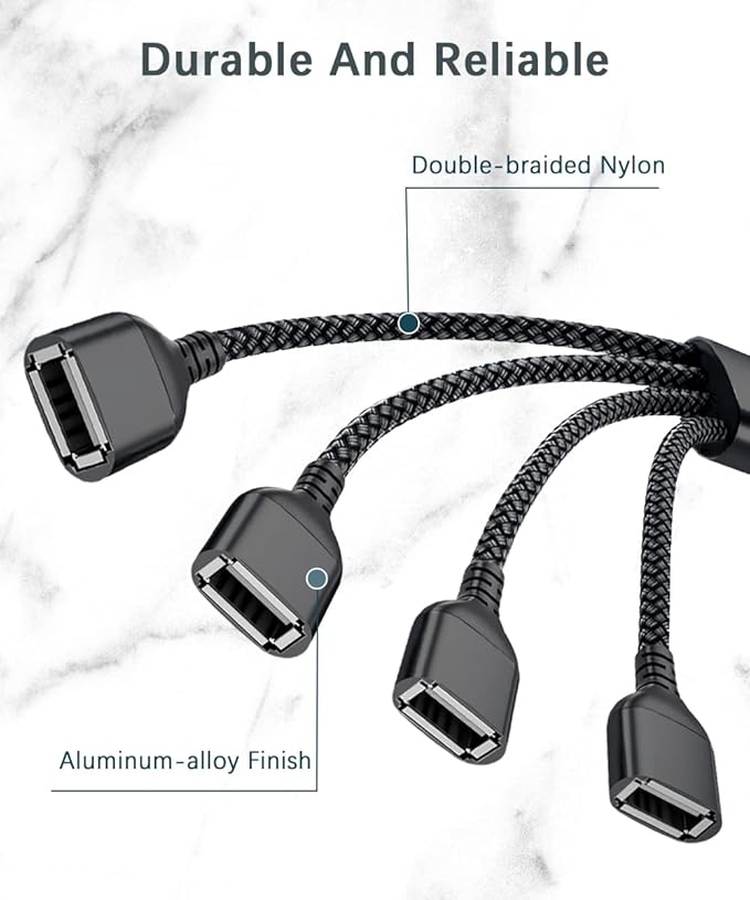 Basesailor USB Splitter 1 in 4 Out 1FT,USB Y Cable,USBA Male to Four Female Extension Cord Adapter,4 Port Multi Multiport Extender Hub,Double Dual Data Power Charger Split for Car,Xbox,PS4,PS5,Laptop