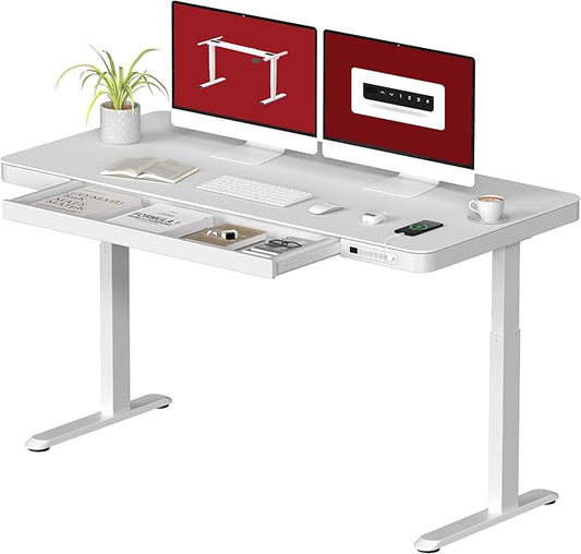SANODESK Standing Desk with Drawer, Electric Height Adjustable Home Office Desk with Storage & USB Ports, 55 inch White Wood Tabletop/White Frame