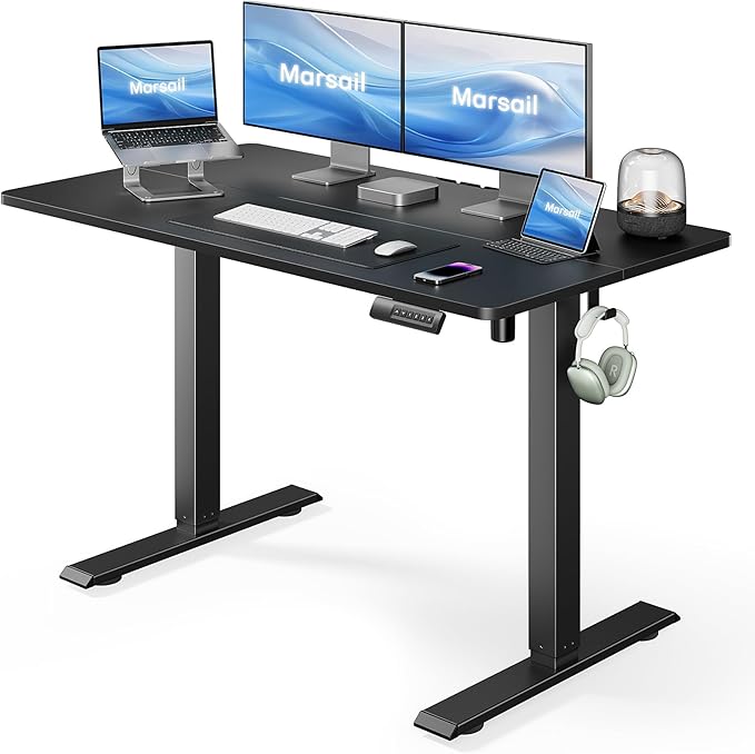 Marsail Standing Desk, Adjustable Height, Stand up Home Office Desk, 48x24 Inch Electric Standing Computer Desk, with 4 Memory Presets, Headphone Hook, Cable Organizer, Black