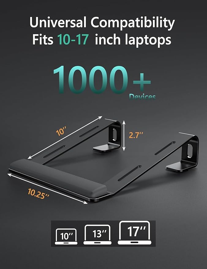 Aluminum Laptop Stand, Notebook Stand with Wrist Rest, Ergonomic Detachable Laptop Mount, Computer Stand Compatible with 10-17'' All Laptops Such as MacBook Air Pro/HP/Dell/Lenovo, Black
