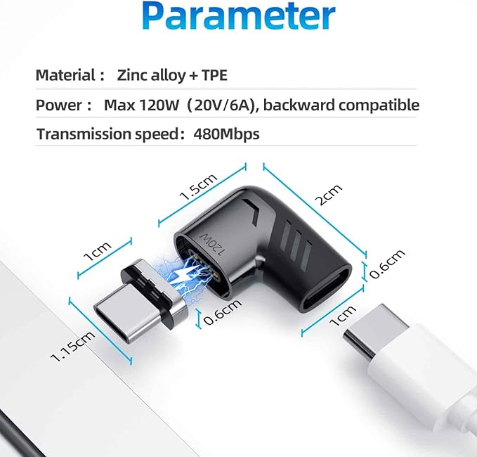 USB C Magnetic Adapter (3 Packs), USB2.0 Type C Right Angle Connector with PD 120W Charge and 480Mbps Data Transfer, Compatible for MacBook Pro/Air iPad Pro and More USB C Devices