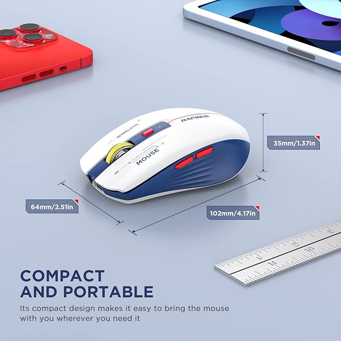 RAPIQUE Bluetooth Wireless Mouse - (BT1/BT2+USB) Tri-Mode High Performance, Rechargeable, Multi-Device Compatible with PC/Laptop/Computer/MacBook/iPad Air Pro (Blue and White)