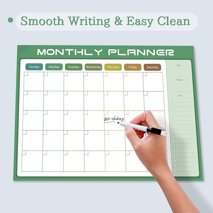 Magnetic Dry Erase Calendar for Refrigerator 16"×12" with 8 Markers & Eraser, Strong Magnet White Board, Large Family Planner for Busy Moms (Green)