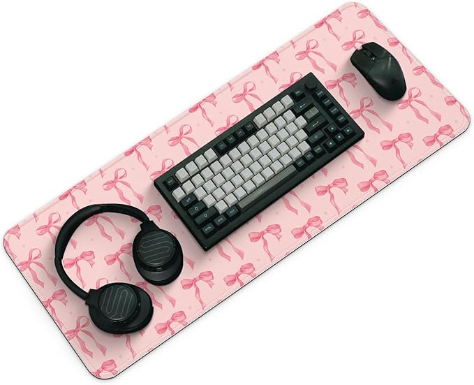 Large Computer Mouse Pad with Non-Slip Base for Desktop, Cute Gaming Mouse Mat with Stitched Edges, Long Extended Anime Mousepad for Laptop, 31.5 x 11.8 inches (Pink Bows)