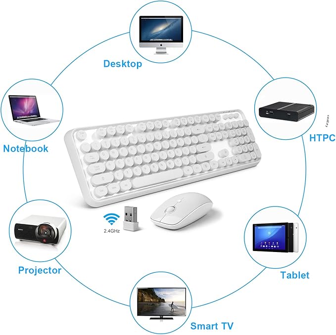 Wireless Keyboard and Mouse Combo - Cute Colorful Keyboard and Mouse, Retro Typewriter Keyboard with 2.4GHz Plug & Play, for Windows 11/10/7, Laptop, PC (White)
