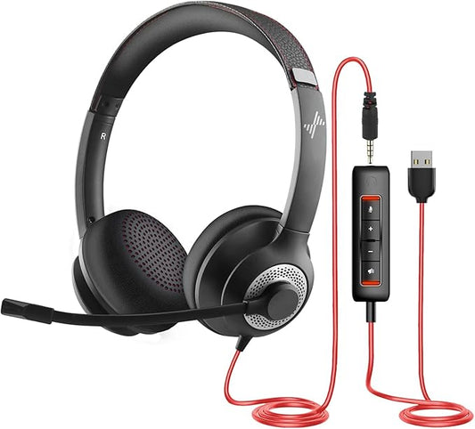 USB Headset with Microphone for PC, On-Ear Computer Laptop Headphones with Noise Cancelling Microphone in-line Control for Home Office Online Class Skype Zoom (USB+3.5mm, Black)