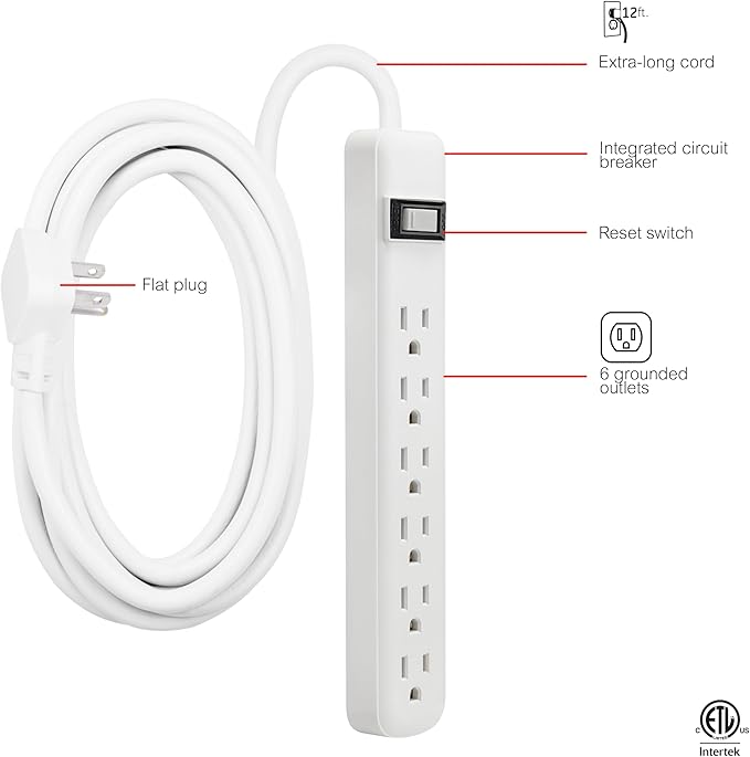 GE 6-Outlet Power Strip, 12 Ft Extension Cord, Flat Plug, Grounded, Integrated Circuit Breaker, 3-Prong, Wall Mount, ETL Listed, White, 45195